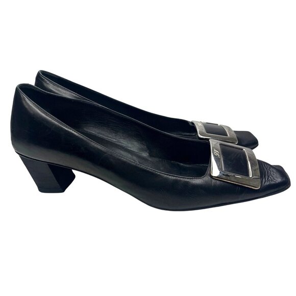Roger Vivier Belle Vivier Buckle Pump Heels Leather  Black Block Heal Size 9.5 - Picture 2 of 12